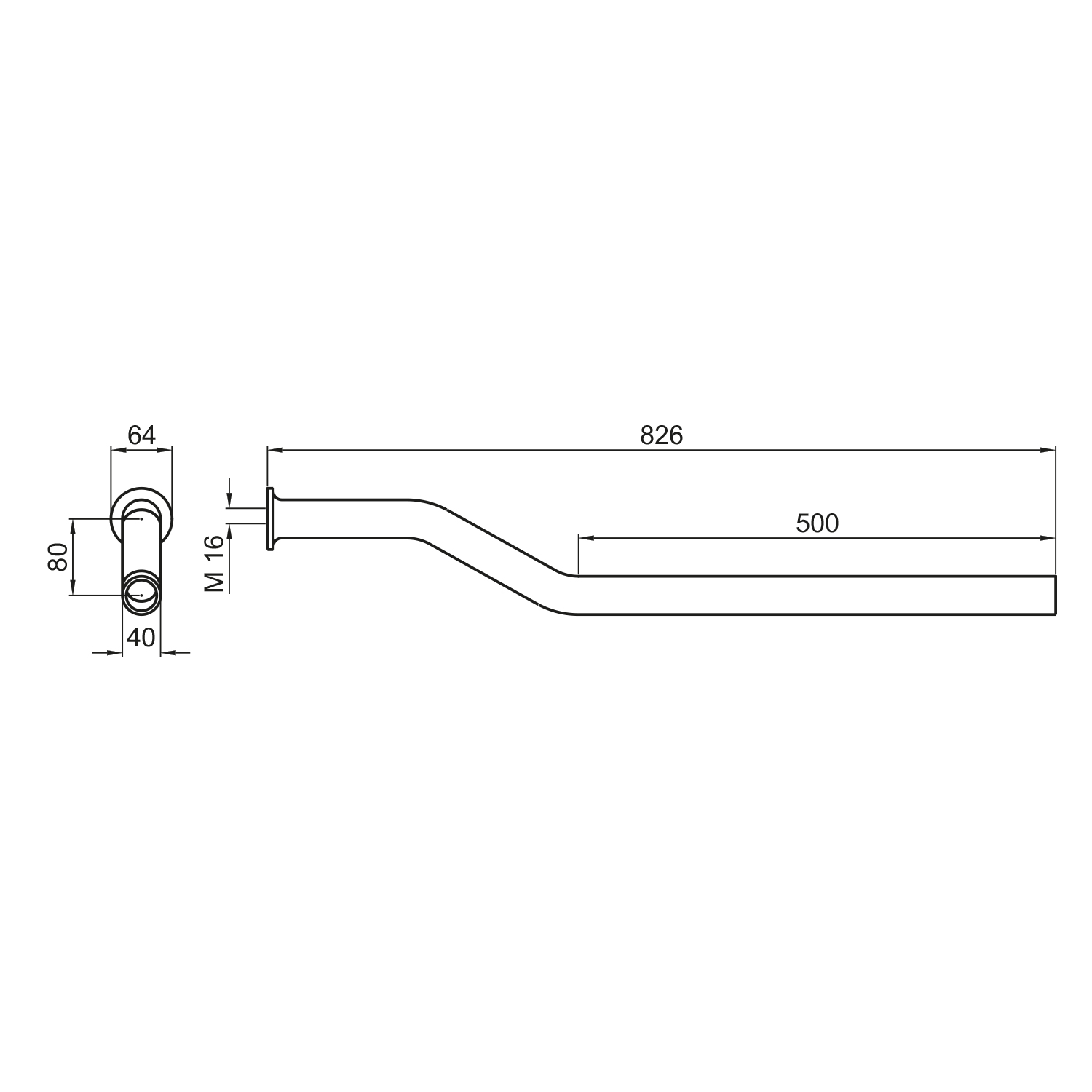 Kotfügel- Tragrohr 40 x 826mm gekröpft